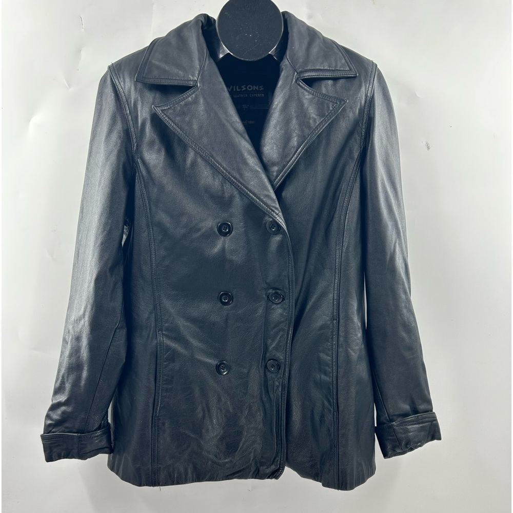 A Women's Black,Uni-Sex Style Double Breasted LEATHER Pea Coat By WILSON'S.L. Bk